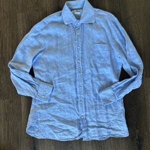 Alan Paine 100% Linen Button Down Shirt Long Sleeve Light Blue Medium Casual